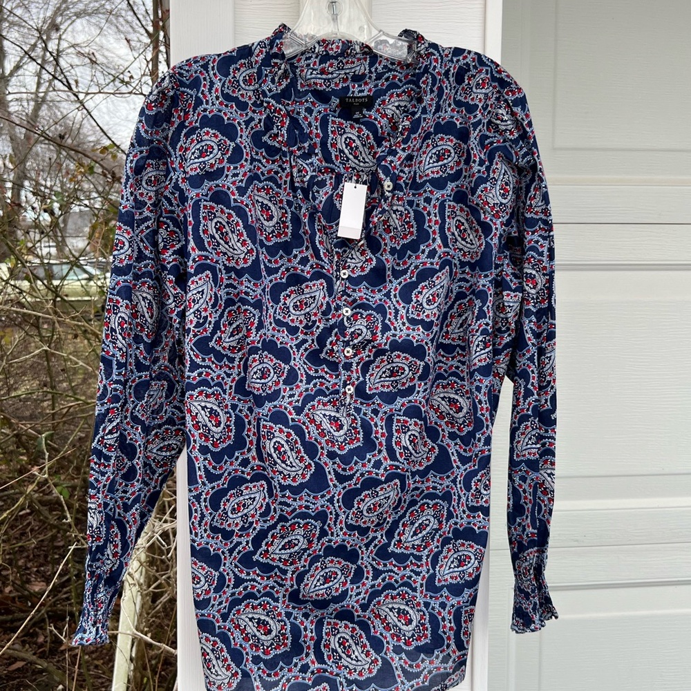NWT Talbots Pretty Blue Red White Floral Ruffle Neck Blouse